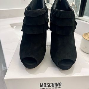 Moschino Suede, Ruffle, Peep Toe, Bootie
